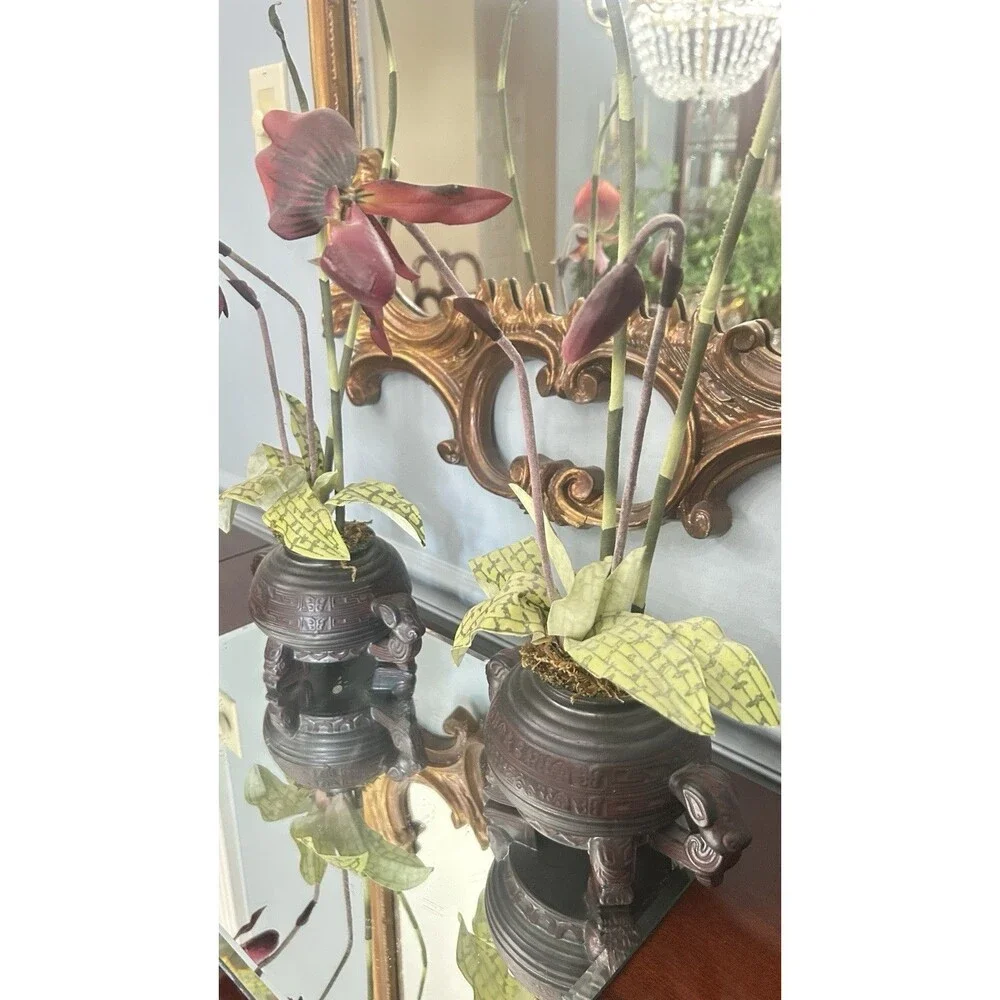 Pair Of Faux Burgundy Orchids in Chinese Resin Footed Bowl 21